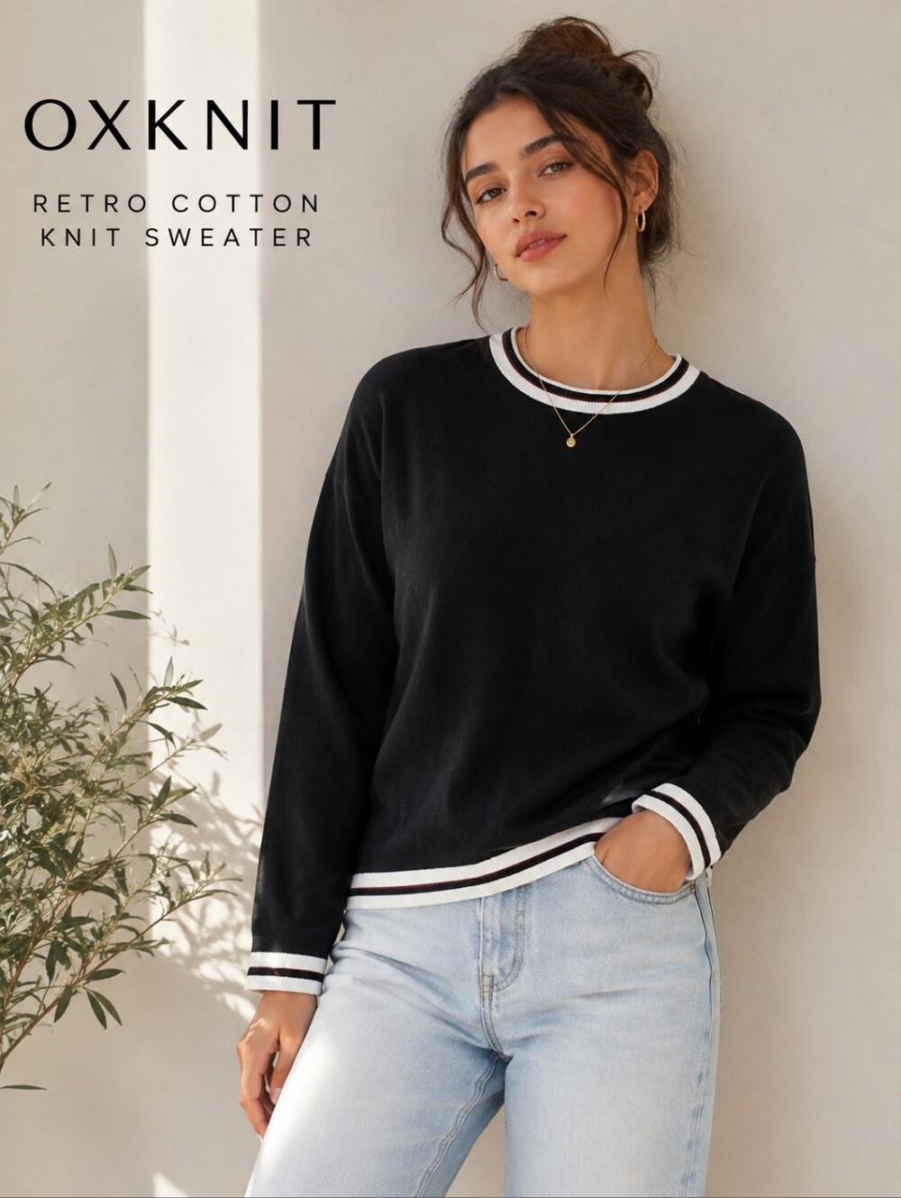 OXKNIT STORE  Vintage  Blk/wht Cotton Crew Neckline Pullover Sweater Sz L